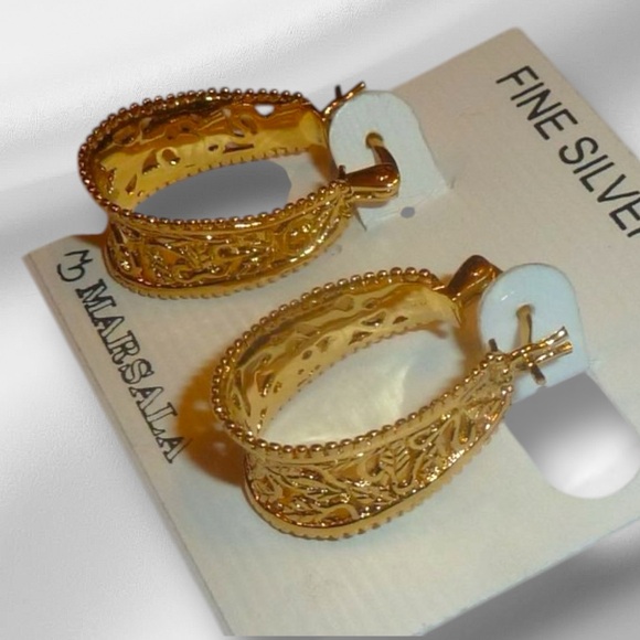 Shiny Gold Filigree, Silver Plated, Cut Out Design, Oval Open Hoop Earrings New - Picture 3 of 11